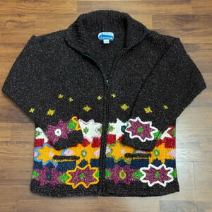 Ecuador Vintage Hand Knit Wool Sweater Zip Up Floral Crochet Patchwork Size S/M